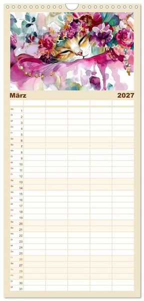 Produktbild: Familienplaner 2027 - Katzensymphonie in Aquarell mit 5 Spalten (Wandkalender, 21 x 45 cm) CALVENDO