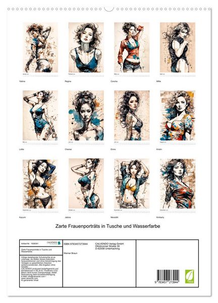 Produktbild: Zarte Frauenportr&auml;ts in Tusche und Wasserfarbe (hochwertiger Premium Wandkalender 2026 DIN A2 hoch), Kunstdruck in Hochglanz