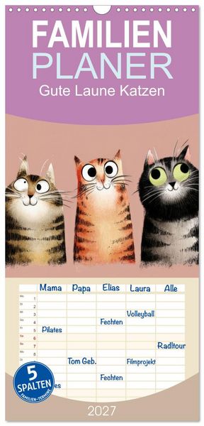 Produktbild: Familienplaner 2027 - Gute Laune Katzen mit 5 Spalten (Wandkalender, 21 x 45 cm) CALVENDO
