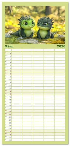 Produktbild: Familienplaner 2026 - Drachen - Verspielt und fluffig mit 5 Spalten (Wandkalender, 21 x 45 cm) CALVENDO