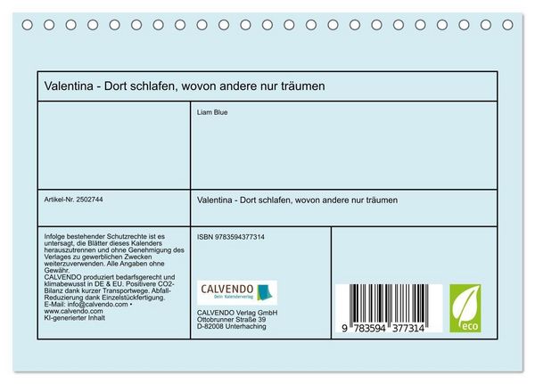 Produktbild: Valentina - Dort schlafen, wovon andere nur tr&auml;umen (Tischkalender 2027 DIN A5 quer), CALVENDO Monatskalender