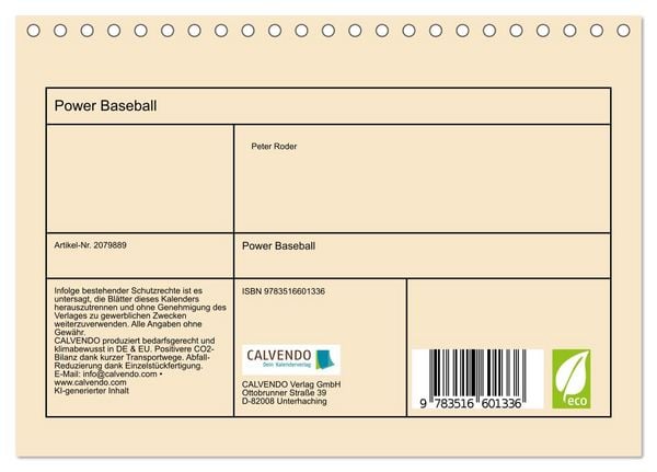 Produktbild: Power Baseball (Tischkalender 2026 DIN A5 quer), CALVENDO Monatskalender