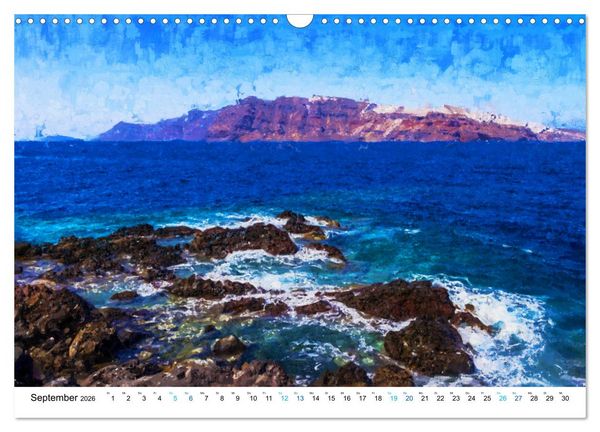 Produktbild: Urlaub auf Santorin - Gemalte Ansichten der Kykladeninsel (Wandkalender 2026 DIN A3 quer), CALVENDO Monatskalender