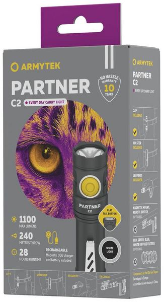 Produktbild: ArmyTek Partner C2 Magnet USB White F07802C LED Taschenlampe mit G&uuml;rtelclip, mit Holster akkubetrieben 1100 lm 118 g