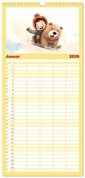 Produktbild: Familienplaner 2026 - B&auml;rige Illustrationen mit 5 Spalten (Wandkalender, 21 x 45 cm) CALVENDO