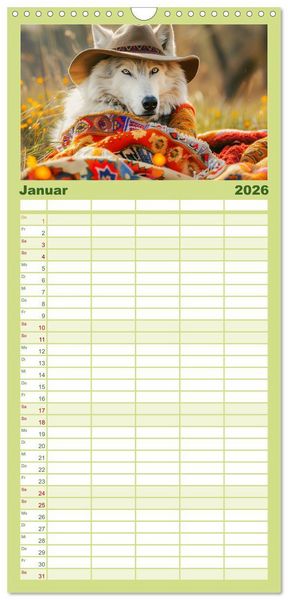Produktbild: Familienplaner 2026 - Wilder Style. Modische W&ouml;lfe in der Natur mit 5 Spalten (Wandkalender, 21 x 45 cm) CALVENDO