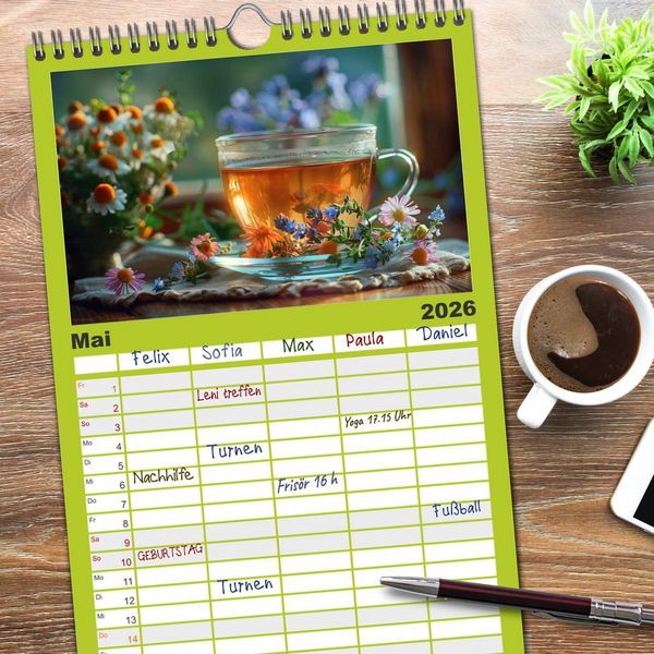 Produktbild: Familienplaner 2026 - Teezeit Tr&auml;ume mit 5 Spalten (Wandkalender, 21 x 45 cm) CALVENDO