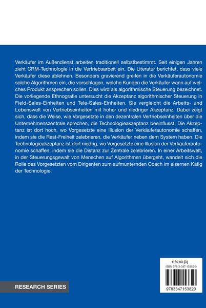Produktbild: Die Akzeptanz von algorithmischer Steuerung im Vertrieb