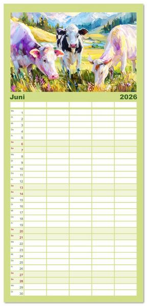 Produktbild: Familienplaner 2026 - Almseelen im Licht der Berge. Charmante K&uuml;he in kunstvoller &Ouml;loptik mit 5 Spalten (Wandkalender, 21 x 45 cm) CALVENDO