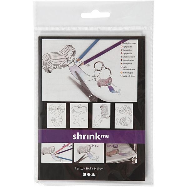 Produktbild: Creativ Company Plastikschrumpfplatten mit Motiven, Meerjungfrau, Blatt 10,5x14,5 cm, Dicke 0,3 mm, Matt transparent, 4 Blatt