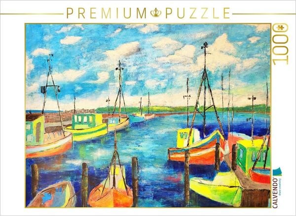 CALVENDO Puzzle Buntes Gemälde vom alten Hafen von Sassnitz auf Rügen | 1000 Teile Lege-Größe 64x48cm Foto-Puzzle für glückliche Stunden