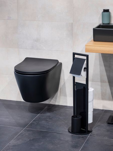 Produktbild: Stand WC-Garnitur Mod. Ravina, Schwarz, mit Ersatzrollenhalter f&uuml;r 3 Rollen