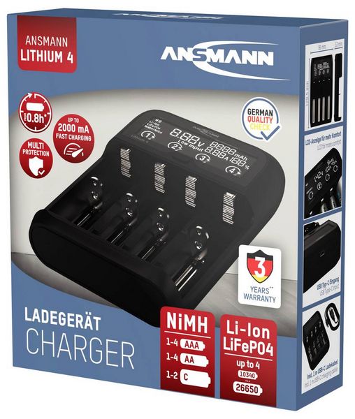 Produktbild: Ansmann Lithium 4 Universalladeger&auml;t mit 2x 18650 Akkuzellen (2600mAh) Ladeger&auml;t LiIon, LiFePO4, NiMH 18500, 18650, 14500, 16340