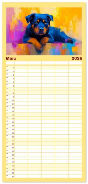 Produktbild: Familienplaner 2026 - Kraftvolle Partner. Hunde in k&uuml;nstlerischer &Ouml;loptik mit 5 Spalten (Wandkalender, 21 x 45 cm) CALVENDO