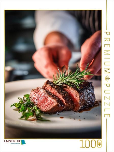 Produktbild: CALVENDO Puzzle Zartes Steak wird kunstvoll mit frischen Kr&auml;utern angerichtet | 1000 Teile Lege-Gr&ouml;&szlig;e 64x48cm Foto-Puzzle f&uuml;r gl&uuml;ckliche Stunden