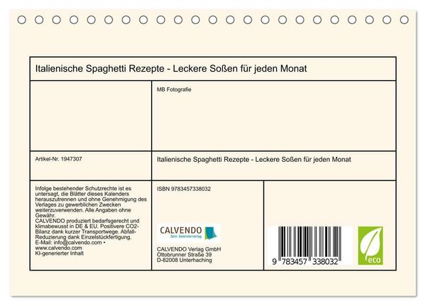 Produktbild: Italienische Spaghetti Rezepte - Leckere So&szlig;en f&uuml;r jeden Monat (Tischkalender 2026 DIN A5 quer), CALVENDO Monatskalender