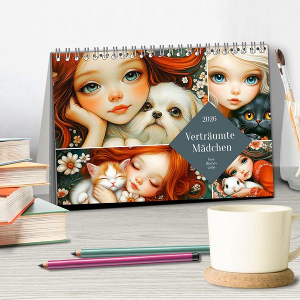 Produktbild: Vertr&auml;umte M&auml;dchen. Tiere, Blumen, Liebe. (Tischkalender 2026 DIN A5 quer), CALVENDO Monatskalender