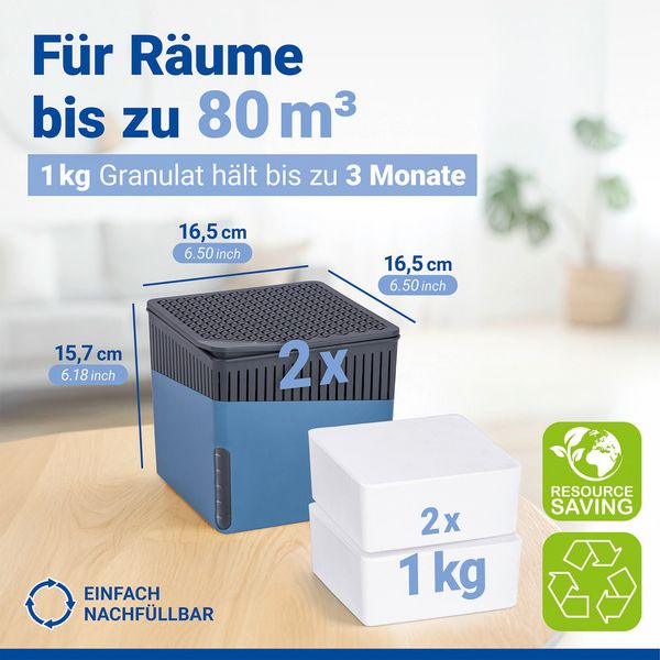 Produktbild: Raumentfeuchter Mod. Cube Blau 1000 g, 2er Set, beugt Schimmel und Ger&uuml;chen vor