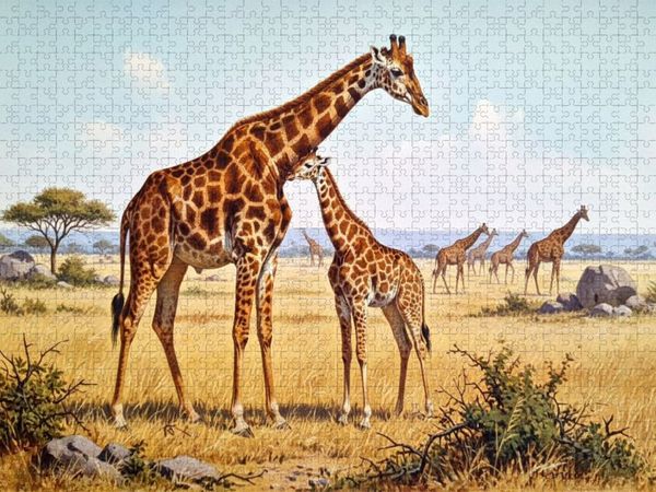 Produktbild: CALVENDO Puzzle Giraffe und Kind als Gem&auml;lde | 1000 Teile Lege-Gr&ouml;&szlig;e 64x48cm Foto-Puzzle f&uuml;r gl&uuml;ckliche Stunden