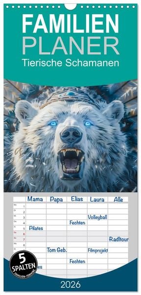 Produktbild: Familienplaner 2026 - Tierische Schamanen mit 5 Spalten (Wandkalender, 21 x 45 cm) CALVENDO