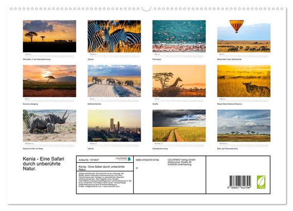 Produktbild: Kenia - Eine Safari durch unber&uuml;hrte Natur. (Wandkalender 2026 DIN A2 quer), CALVENDO Monatskalender