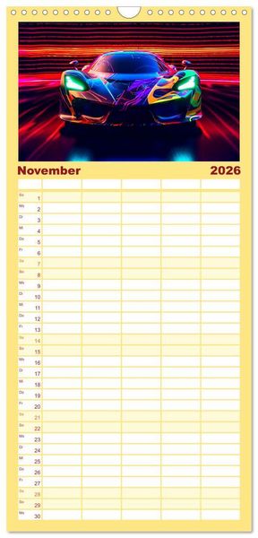 Produktbild: Familienplaner 2026 - Futuristische Neon Cars mit 5 Spalten (Wandkalender, 21 x 45 cm) CALVENDO