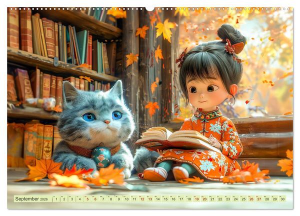 Produktbild: Lina und die Katzen - Magische Abenteuer in niedlichen Szenen (hochwertiger Premium Wandkalender 2026 DIN A2 quer), Kunstdruck in Hochglanz