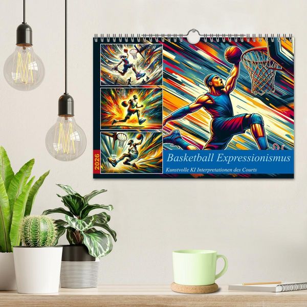 Produktbild: Basketball Expressionismus - Kunstvolle KI Interpretationen des Courts (Wandkalender 2026 DIN A4 quer), CALVENDO Monatskalender