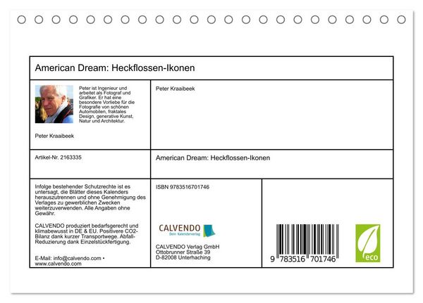 Produktbild: American Dream: Heckflossen-Ikonen (Tischkalender 2026 DIN A5 quer), CALVENDO Monatskalender