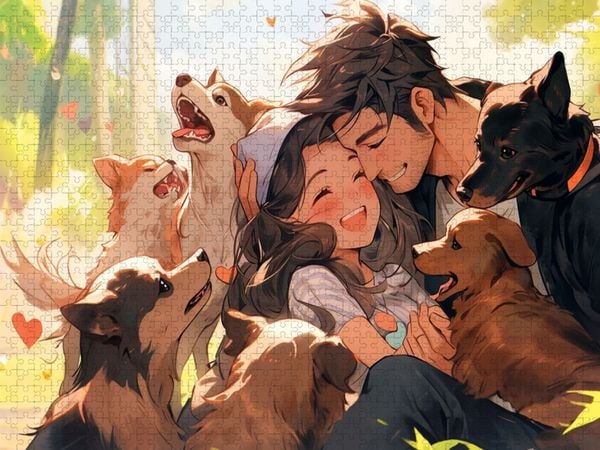 Produktbild: CALVENDO Puzzle Lass sie uns alle mitnehmen - P&auml;rchen im Manga Style inmitten von Welpen | 2000 Teile Lege-Gr&ouml;&szlig;e 90x67cm Foto-Puzzle f&uuml;r gl&uuml;ckliche Stunden
