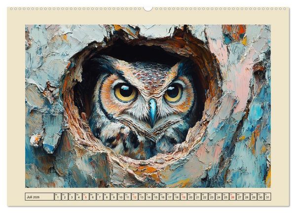 Produktbild: Bunte Eulenpoesie. Kunstvolle V&ouml;gel in &Ouml;lgem&auml;lde-Optik (Wandkalender 2026 DIN A2 quer), CALVENDO Monatskalender