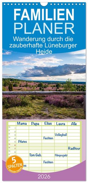 Produktbild: Familienplaner 2026 - Wanderung durch die zauberhafte L&uuml;neburger Heide mit 5 Spalten (Wandkalender, 21 x 45 cm) CALVENDO