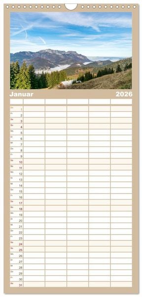Produktbild: Familienplaner 2026 - Wanderparadies Bayerische Alpen mit 5 Spalten (Wandkalender, 21 x 45 cm) CALVENDO