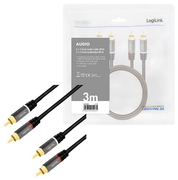 Produktbild: LogiLink CA1206 Cinch Audio Anschlusskabel 3.0m Schwarz Geschirmt, Farbcodiert