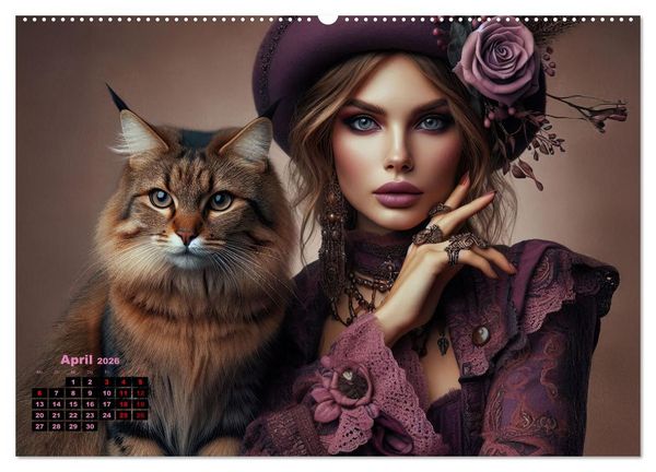 Produktbild: Luxuri&ouml;ser Bohemian Flair - Elegante Frauen mit anmutigen Katzen (hochwertiger Premium Wandkalender 2026 DIN A2 quer), Kunstdruck in Hochglanz