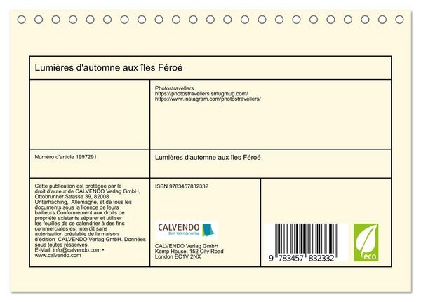 Produktbild: Lumi&egrave;res d'automne aux &icirc;les F&eacute;ro&eacute; (Calendrier de bureau 2026 DIN A5 vertical), CALVENDO calendrier mensuel