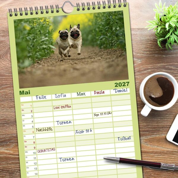 Produktbild: Familienplaner 2027 - Der MOPS-Kalender mit 5 Spalten (Wandkalender, 21 x 45 cm) CALVENDO