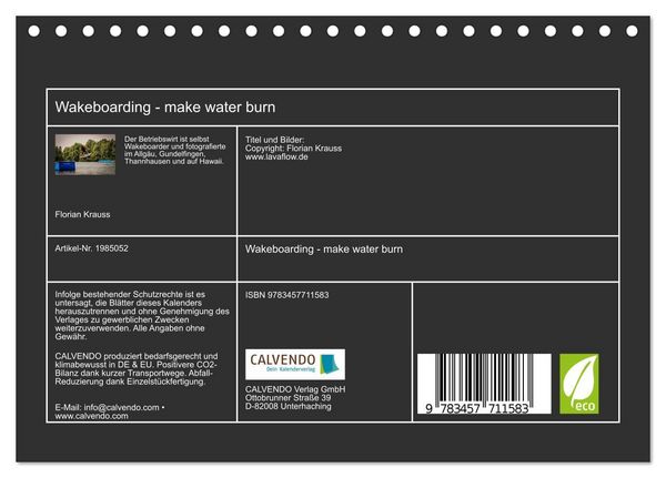 Produktbild: Wakeboarding - make water burn (Tischkalender 2026 DIN A5 quer), CALVENDO Monatskalender