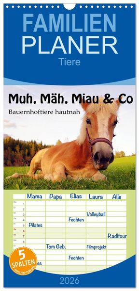 Produktbild: Familienplaner 2026 - Muh, M&auml;h, Miau & Co mit 5 Spalten (Wandkalender, 21 x 45 cm) CALVENDO