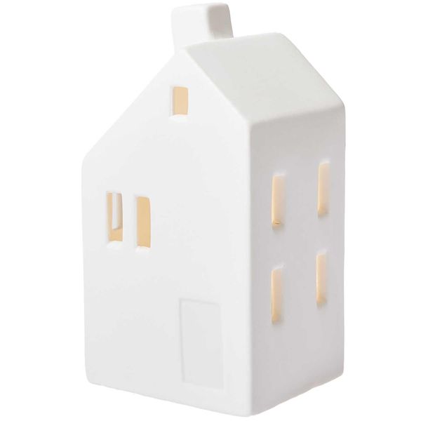 Produktbild: Haus Schrägdach Porzellan mit LED weiß 13x6x7cm