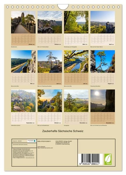 Produktbild: Zauberhafte S&auml;chsische Schweiz (Wandkalender 2026 DIN A4 hoch), CALVENDO Monatskalender