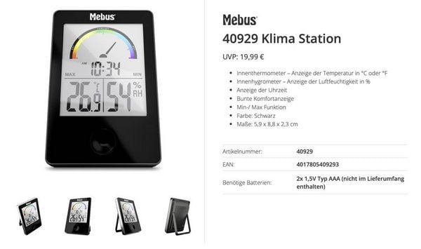 Produktbild: Mebus Thermo-/Hygrometer Schwarz 40929