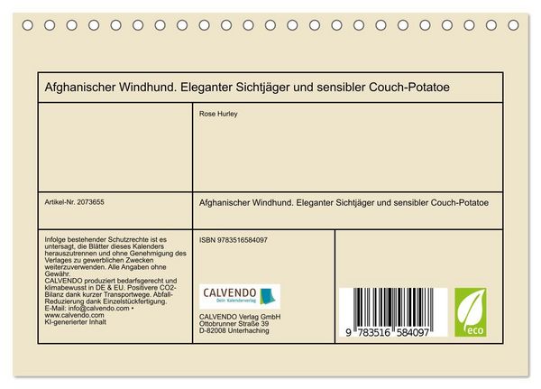 Produktbild: Afghanischer Windhund. Eleganter Sichtj&auml;ger und sensibler Couch-Potatoe (Tischkalender 2026 DIN A5 quer), CALVENDO Monatskalender
