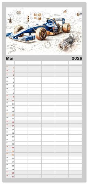 Produktbild: Familienplaner 2026 - Rennwagen - Design Studien mit 5 Spalten (Wandkalender, 21 x 45 cm) CALVENDO