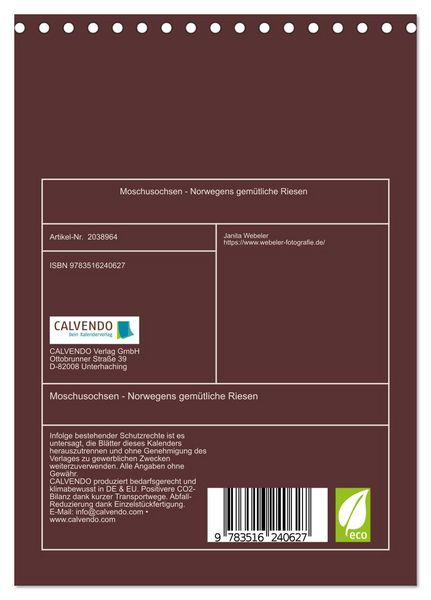 Produktbild: Moschusochsen - Norwegens gem&uuml;tliche Riesen (Tischkalender 2026 DIN A5 hoch), CALVENDO Monatskalender