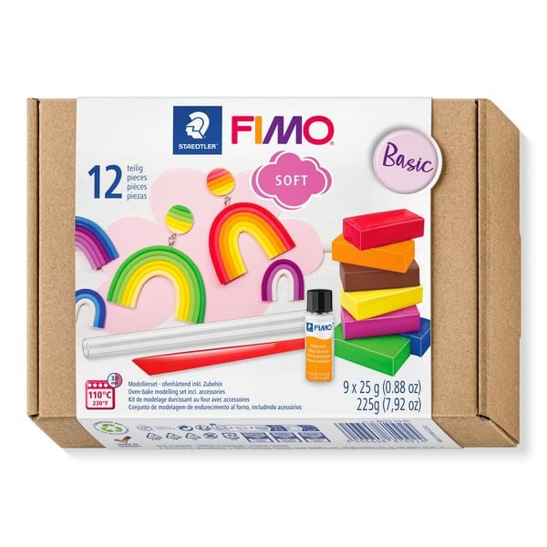 Produktbild: STAEDTLER FIMO soft 8023, ofenhärtende Modelliermasse Basic Set, 9 Halbblöcken 25 g, Glanzlack + Modellierwerkzeug