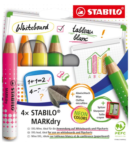 Produktbild: STABILO Marker Whiteboard- und Flipchartmarker MARKdry, 4er Set mit Spitzer und Abwischtuch, Neonfarben