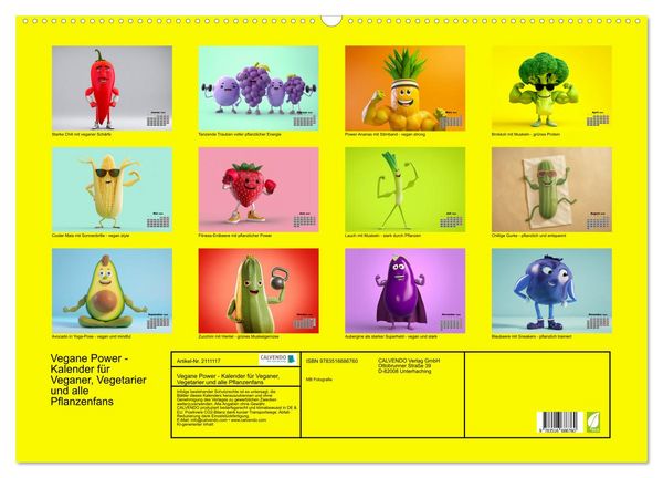 Produktbild: Vegane Power - Kalender f&uuml;r Veganer, Vegetarier und alle Pflanzenfans (Wandkalender 2026 DIN A2 quer), CALVENDO Monatskalender