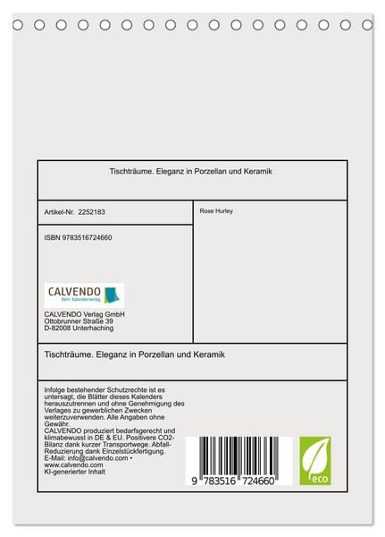 Produktbild: Tischtr&auml;ume. Eleganz in Porzellan und Keramik (Tischkalender 2026 DIN A5 hoch), CALVENDO Monatskalender