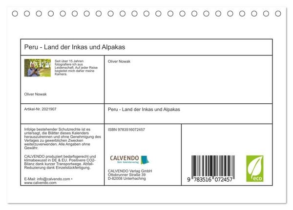 Produktbild: Peru - Land der Inkas und Alpakas (Tischkalender 2026 DIN A5 quer), CALVENDO Monatskalender